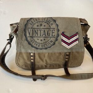MYRA Retro Chevron Patch Upcycled Canvas & Leather Crossbody Bag LIKE NEW